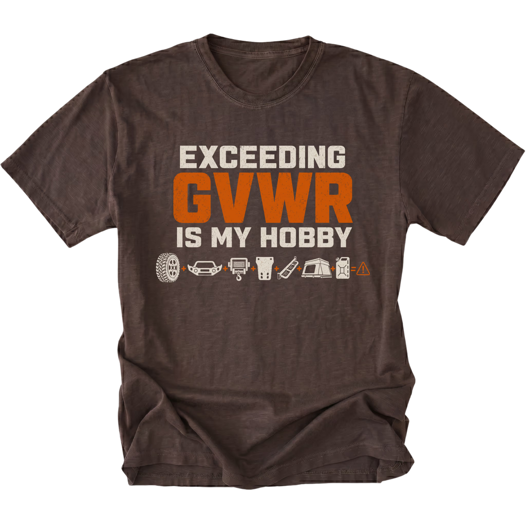 Espresso T-shirt with an Exceeding GVWR Is My Hobby design shown from the front by Trail Snark.