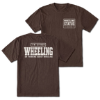Espresso T-shirt with I'm Either Wheeling Or Thinking About Wheeling back design and Wheeling Status front chest print by Trail Snark.