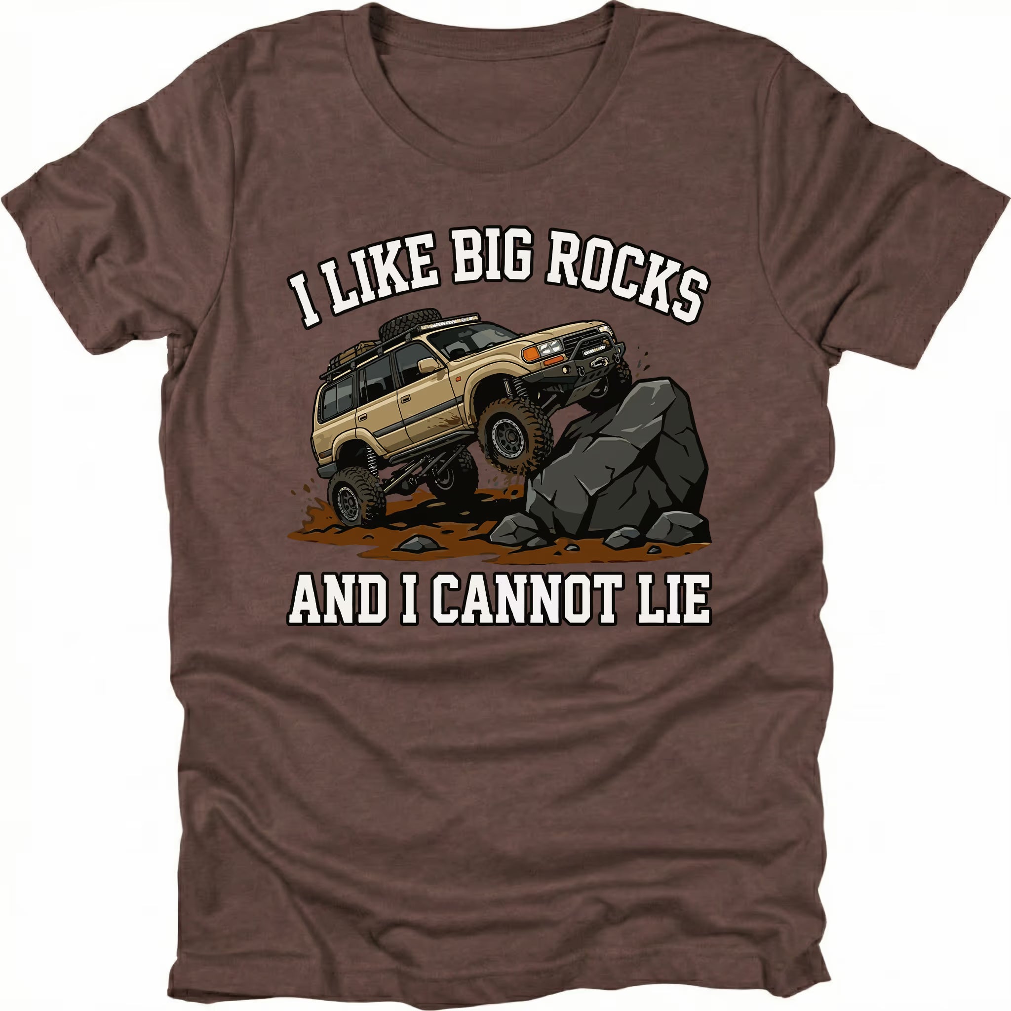 Espresso t-shirt featuring an off-road SUV climbing large rocks with the text I Like Big Rocks And I Cannot Lie, front view by Trail Snark.