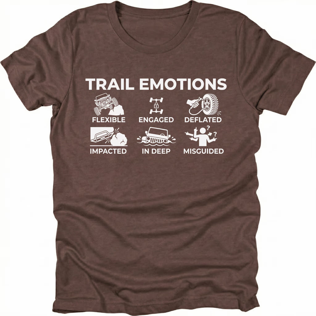 Espresso t-shirt featuring “Trail Emotions” text with illustrated off-road icons labeled flexible, engaged, deflated, impacted, in deep, and misguided by Trail Snark.