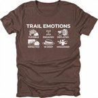 Espresso t-shirt featuring “Trail Emotions” text with illustrated off-road icons labeled flexible, engaged, deflated, impacted, in deep, and misguided by Trail Snark.