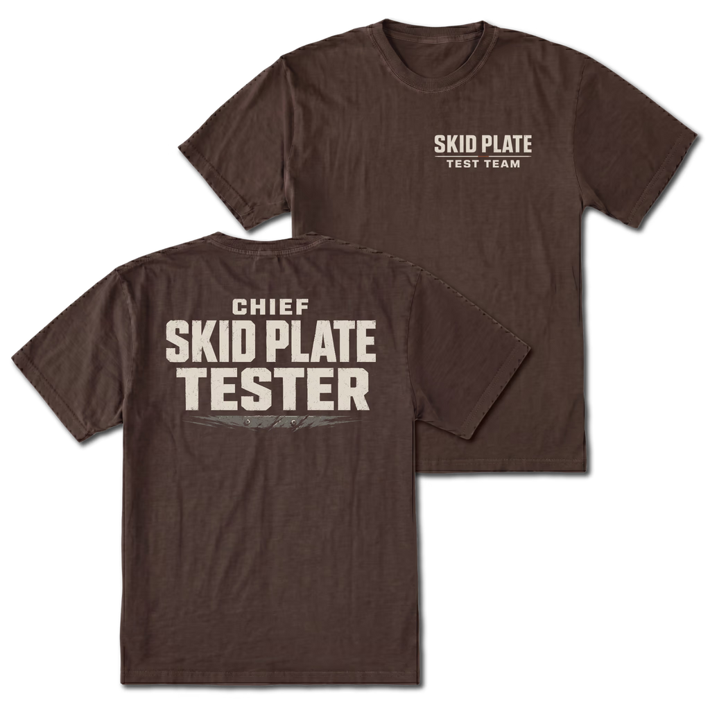 Espresso T-Shirt with Skid Plate Test Team front design and Chief Skid Plate Tester back design shown by Trail Snark.