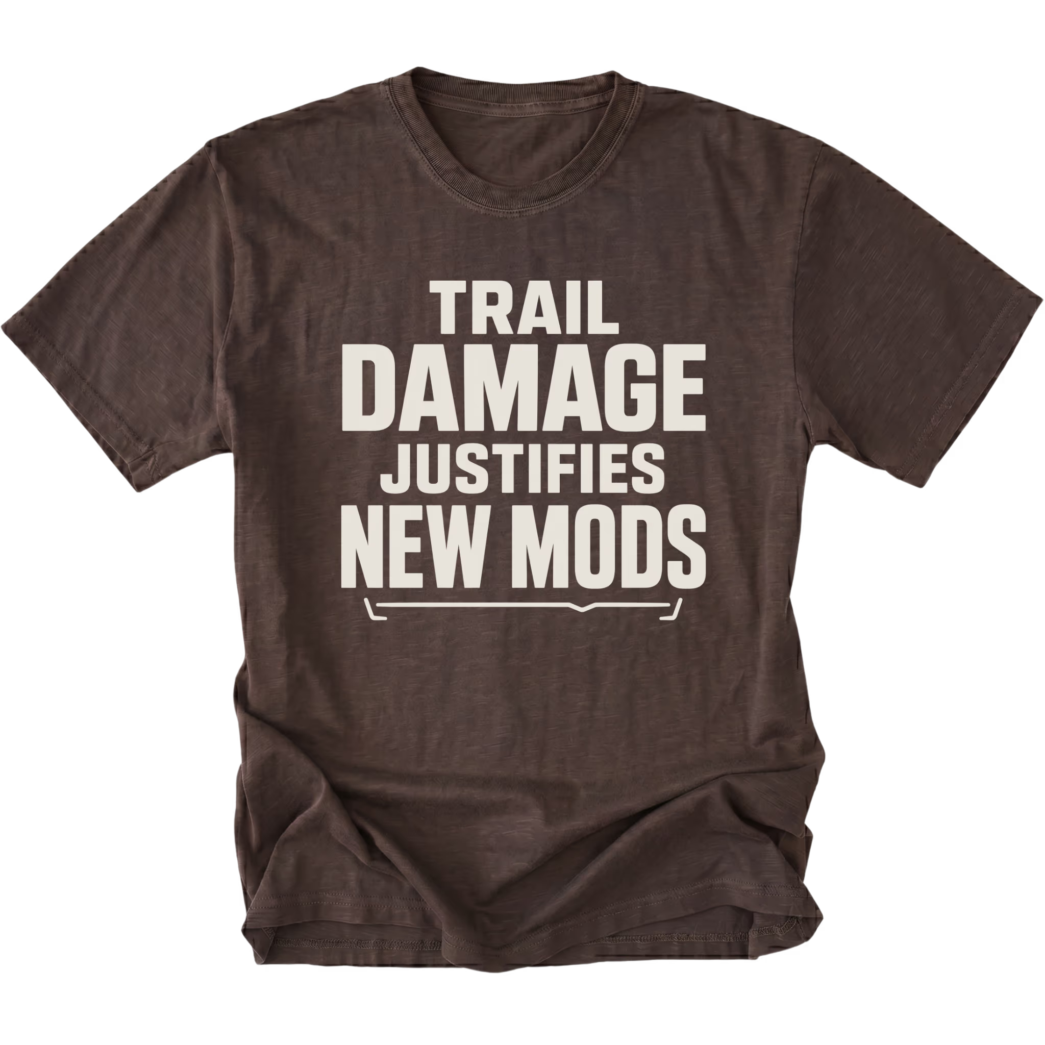 Espresso T-Shirt featuring the Trail Damage Justifies New Mods design in front view by Trail Snark.