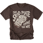 A dark brown short-sleeve t-shirt with a graphic print of a car wheel well and the text 'THE SKID PLATE KNOWS THE WAY' in a distressed off-white font, displayed flat against a white background.