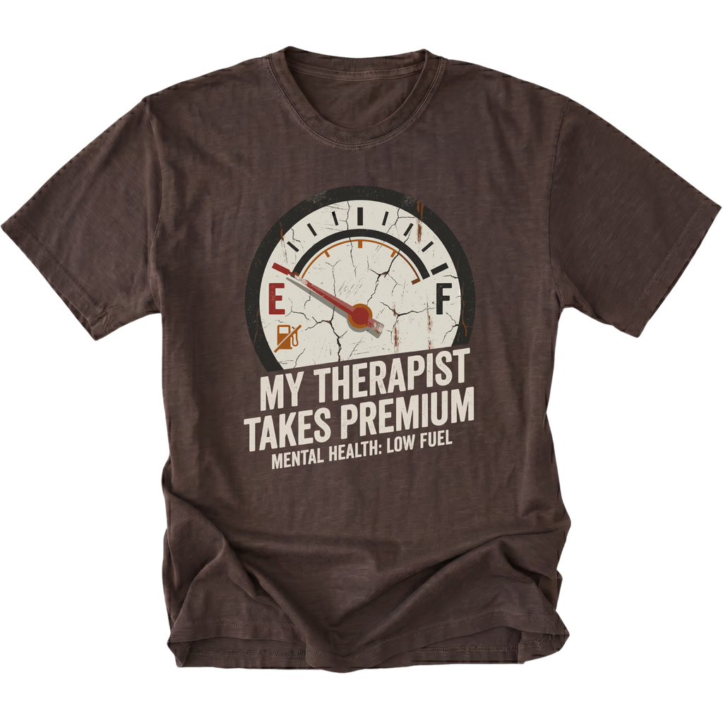 Espresso t-shirt with distressed fuel gauge graphic pointing near empty and text reading My Therapist Takes Premium with Mental Health Low Fuel by Trail Snark.