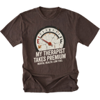 Espresso t-shirt with distressed fuel gauge graphic pointing near empty and text reading My Therapist Takes Premium with Mental Health Low Fuel by Trail Snark.