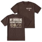 Espresso T-shirt with Parts Budget Status Critical front print and My Dwindling Savings Account back design shown front and back by Trail Snark.