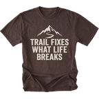 Espresso t-shirt with the phrase “Trail Fixes What Life Breaks” beneath a mountain and winding trail graphic printed on the front.