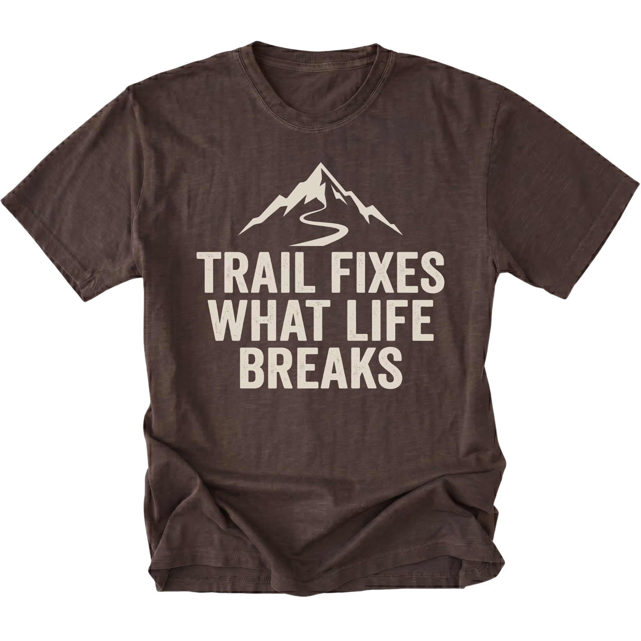 Espresso t-shirt with the phrase “Trail Fixes What Life Breaks” beneath a mountain and winding trail graphic printed on the front.