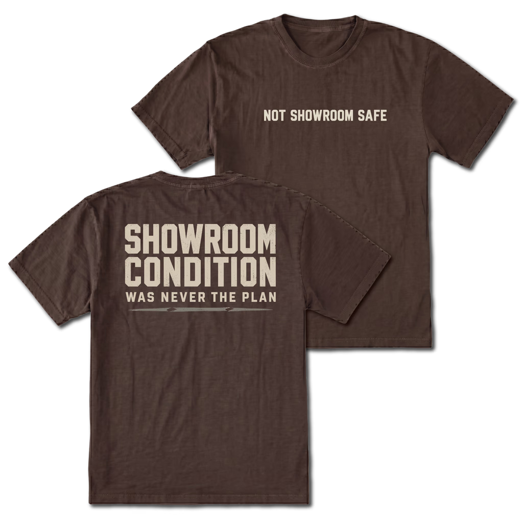 Espresso T-shirt with a Showroom Condition Was Never The Plan design shown from the back view by Trail Snark.