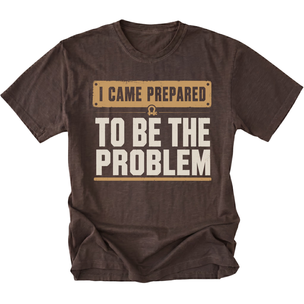 Espresso T-shirt with an I Came Prepared To Be The Problem design shown from the front by Trail Snark.