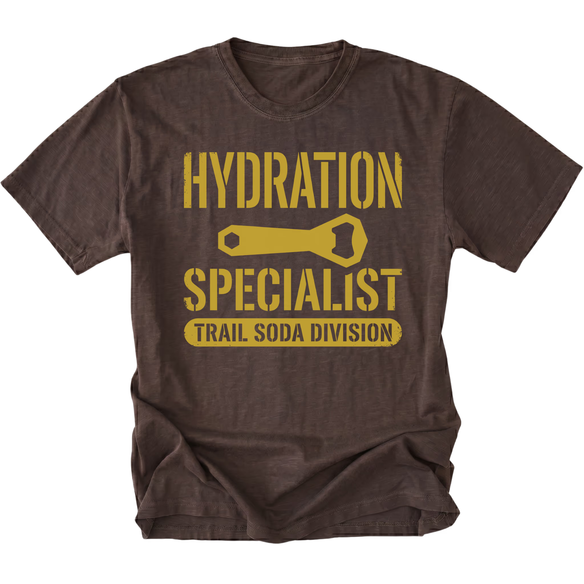 Espresso T-Shirt featuring the Hydration Specialist Trail Soda Division design in front view by Trail Snark.