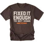 Espresso T-Shirt with Fixed It Enough To Get Home trail repair design shown from the front by Trail Snark.