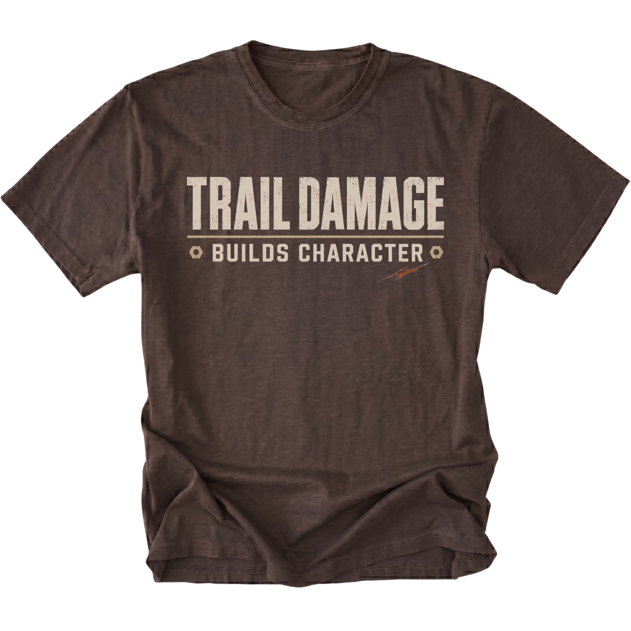 Espresso T-shirt featuring the Trail Damage Builds Character design on the front by Trail Snark.