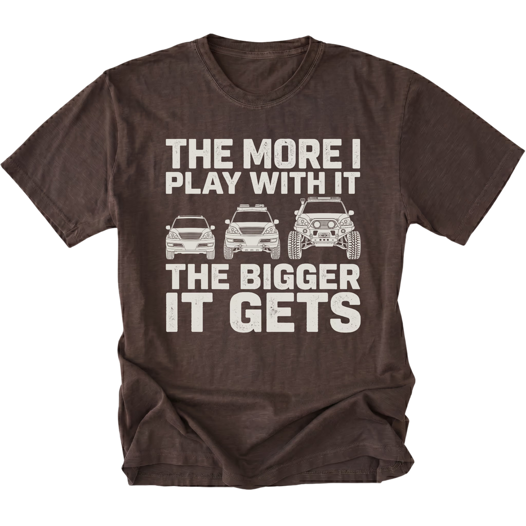 Espresso T-Shirt featuring The More I Play With It The Bigger It Gets design with three progressively modified Lexus RX style SUVs on the front view by Trail Snark.