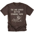 Espresso T-Shirt with hand-drawn tire and rocks graphic and text reading “The Line Looked Better Standing There” shown on front view by Trail Snark.