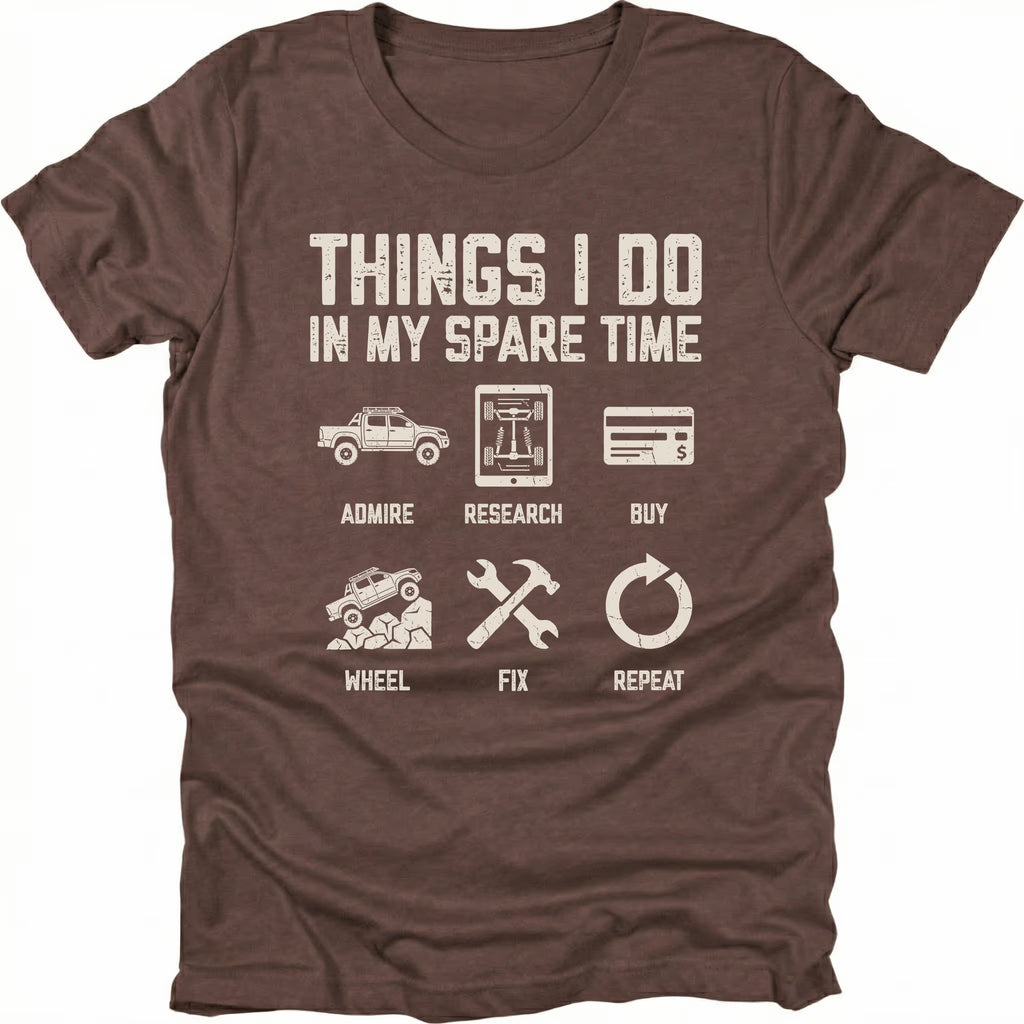 Espresso T-Shirt with icons and text reading “Things I Do In My Spare Time” showing admire research buy wheel fix repeat on front view by Trail Snark.