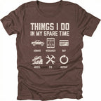 Espresso T-Shirt with icons and text reading “Things I Do In My Spare Time” showing admire research buy wheel fix repeat on front view by Trail Snark.
