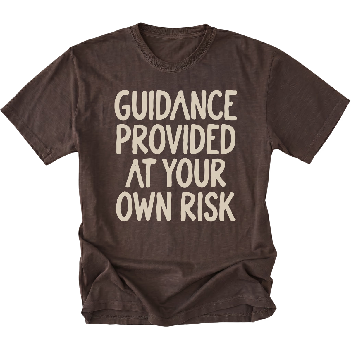 An dark brown t-shirt featuring the text 'GUIDANCE PROVIDED AT YOUR OWN RISK'.