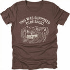 Espresso t-shirt with text reading “This Was Supposed to Be Short” above an illustration of an SUV driving a winding forest trail through mountains.