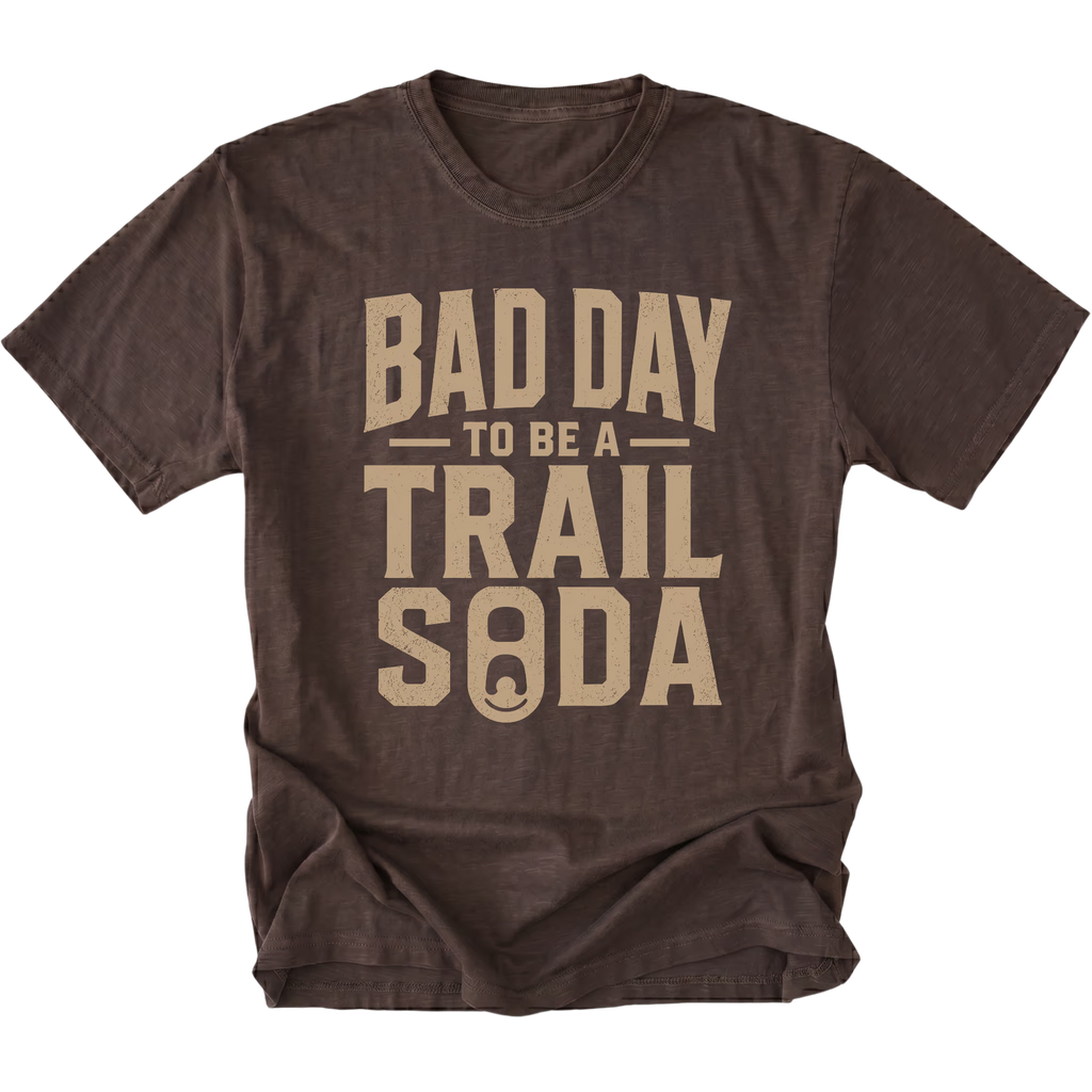 Espresso T-Shirt with the Bad Day to Be a Trail Soda design shown in a front view by Trail Snark.