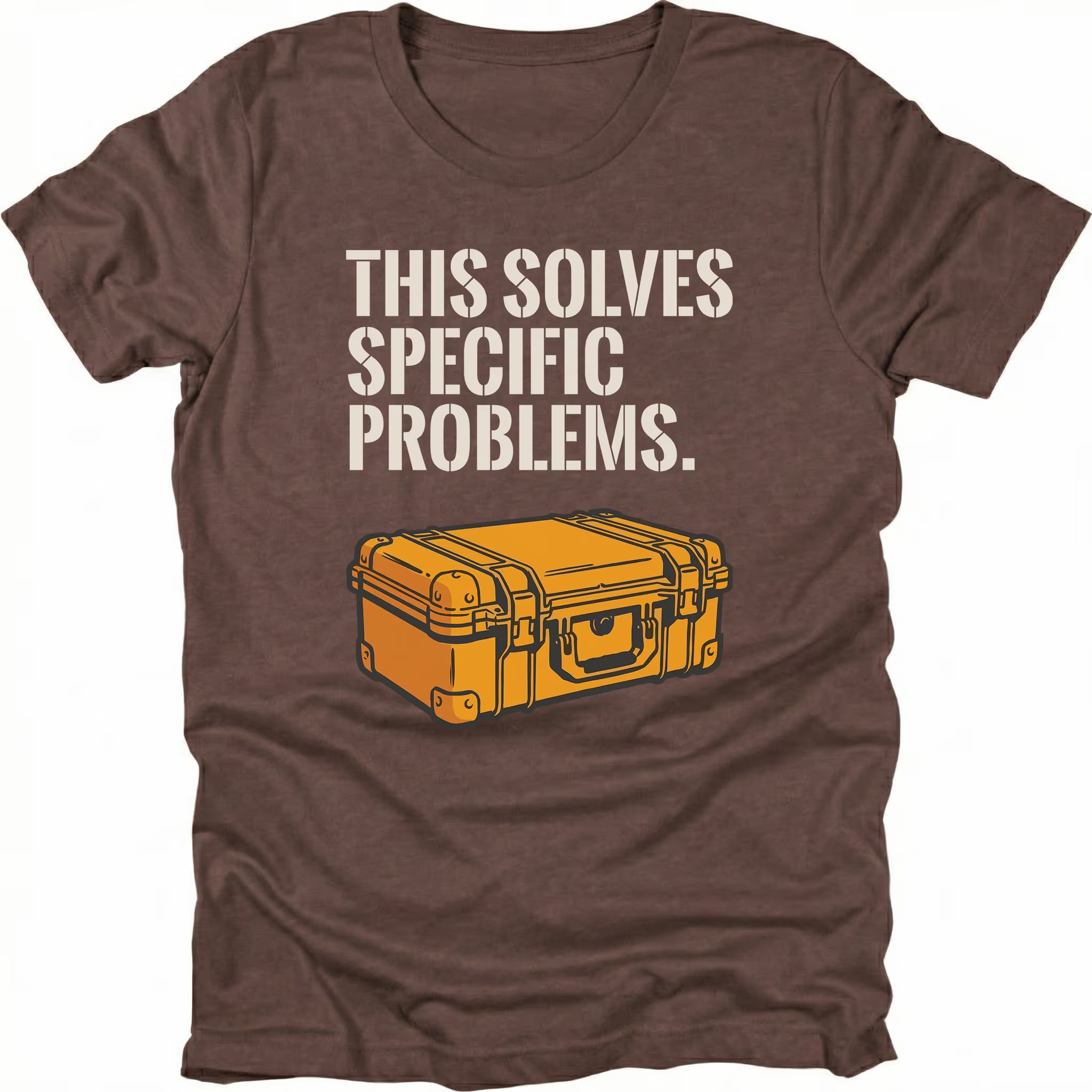 Espresso t-shirt with text reading “This Solves Specific Problems” above an illustrated orange hard gear case, shown in front view.