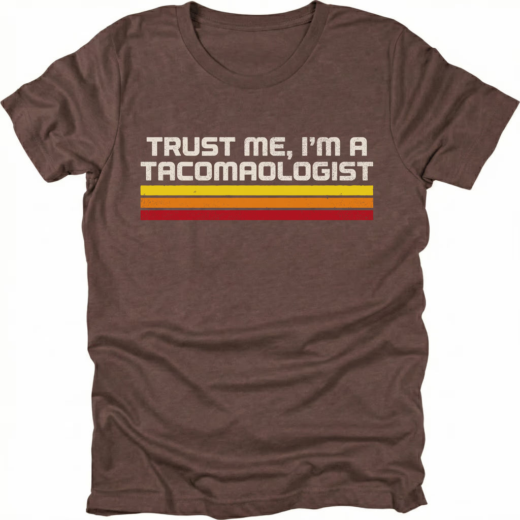 Espresso t-shirt with retro stripes and the phrase “Trust Me, I’m a Tacomaologist” printed on the front by Trail Snark.