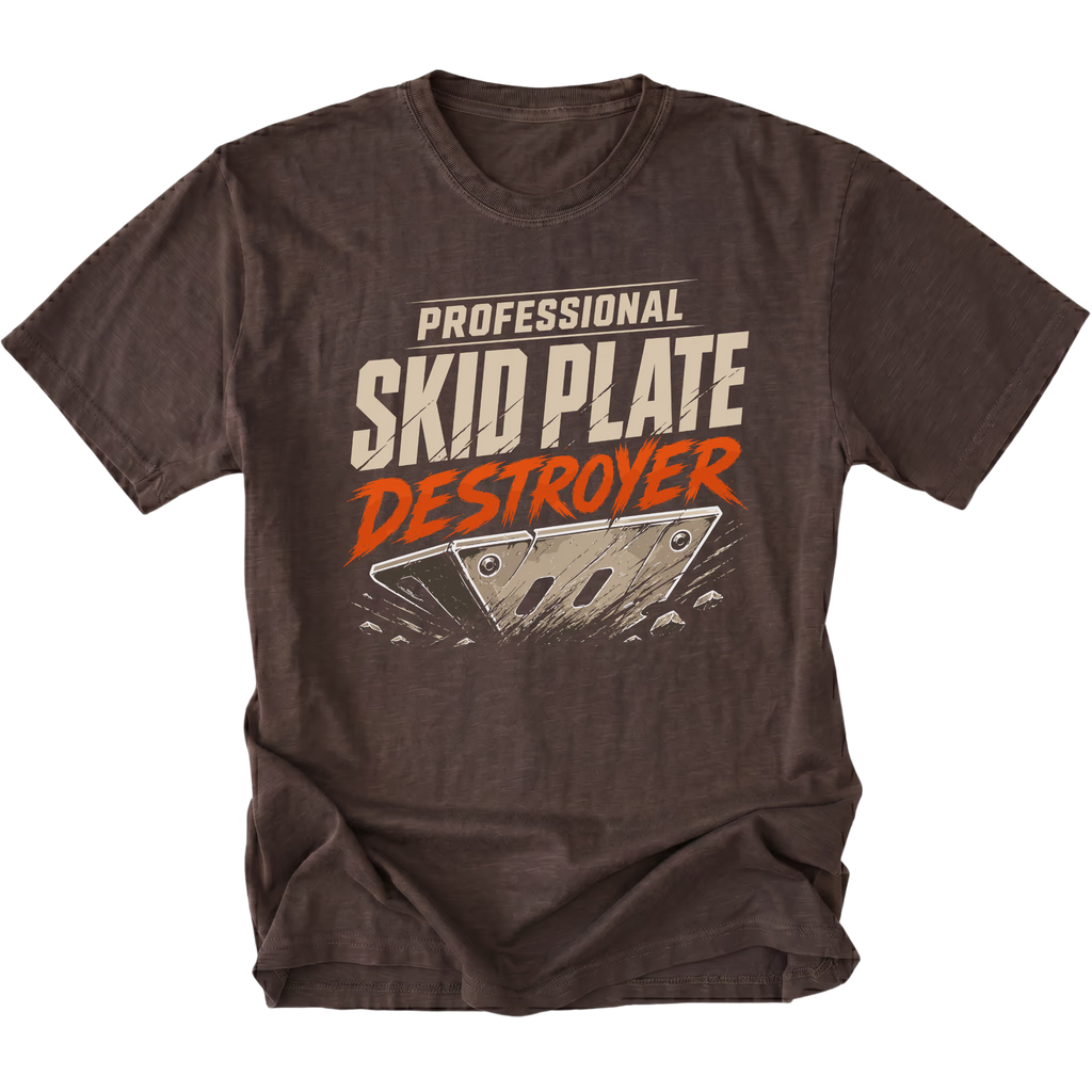 Espresso T-Shirt featuring Professional Skid Plate Destroyer design with damaged skid plate graphic on front view by Trail Snark.