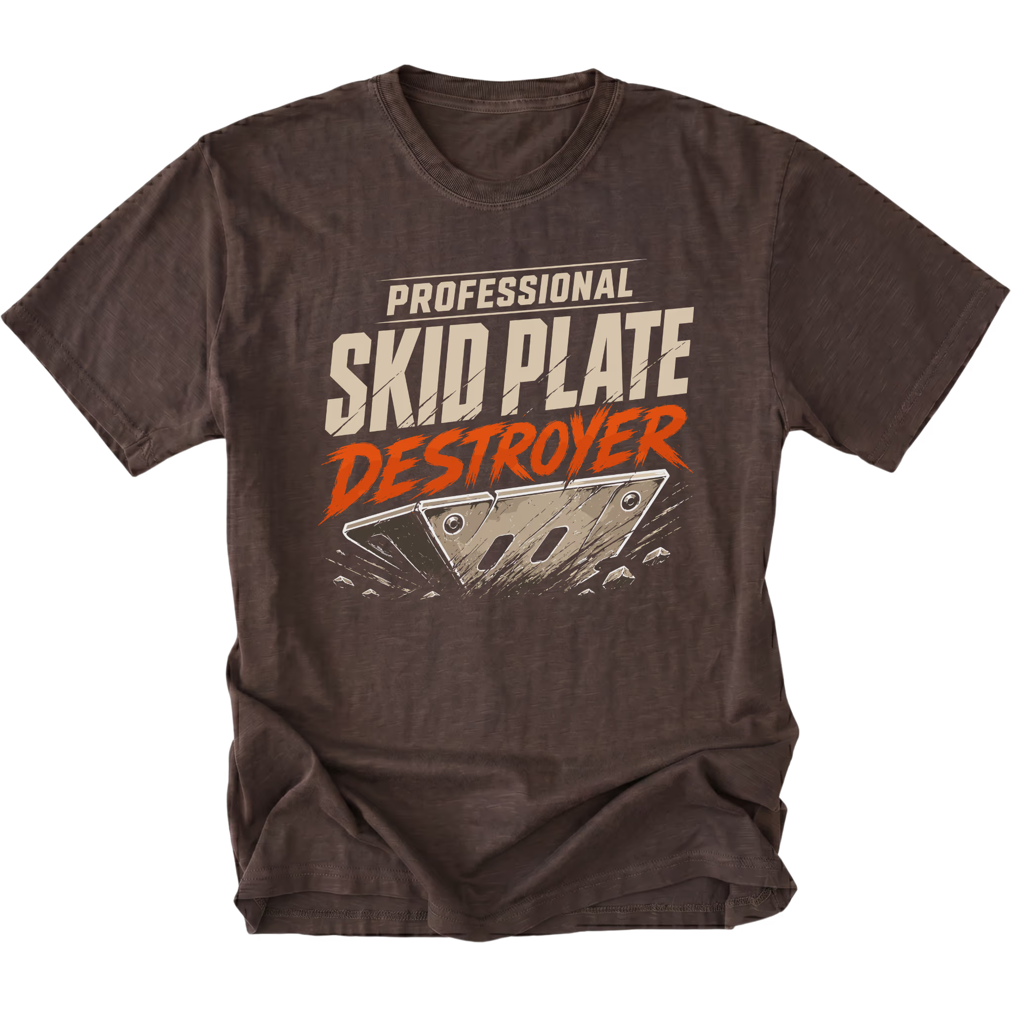 Espresso T-Shirt featuring Professional Skid Plate Destroyer design with damaged skid plate graphic on front view by Trail Snark.