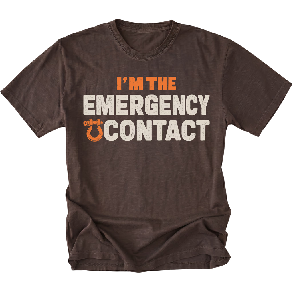 Espresso T-shirt featuring the Emergency Contact design with a recovery shackle on the front by Trail Snark.