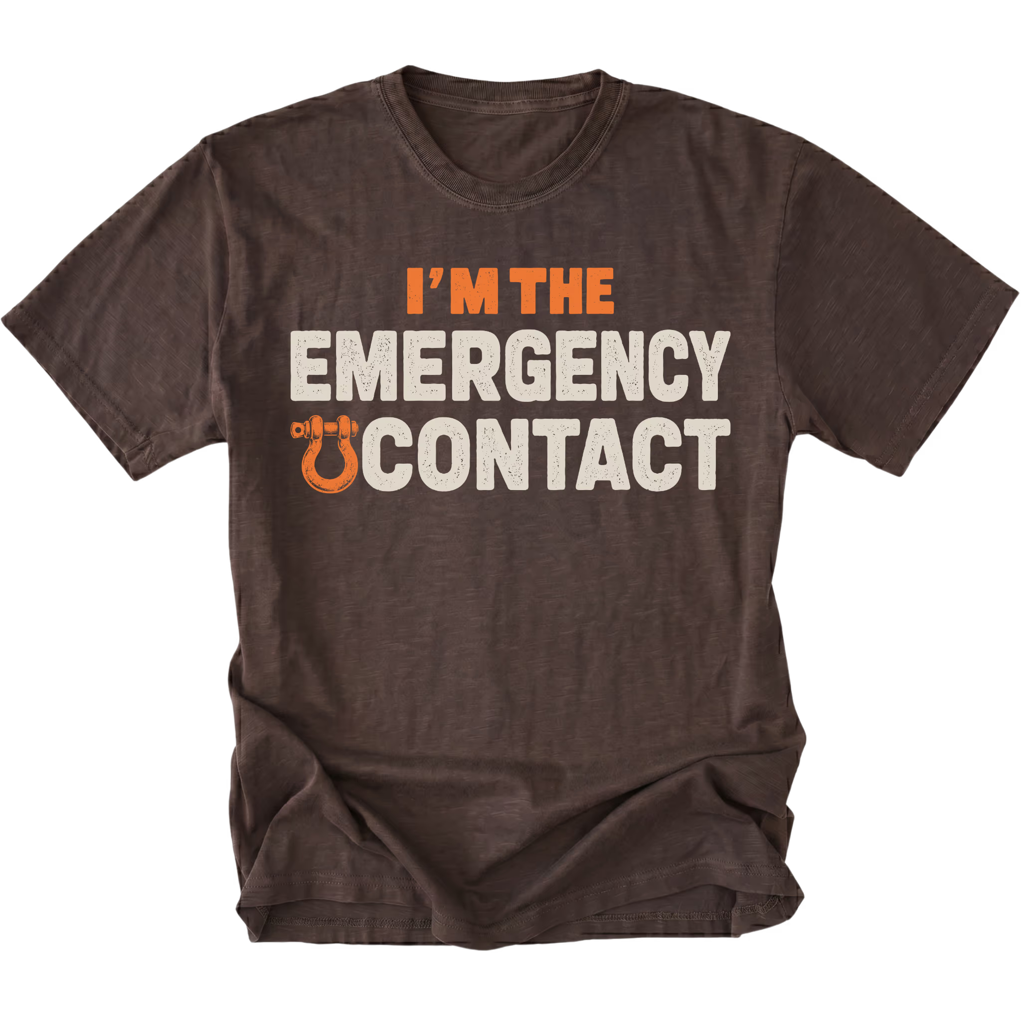 Espresso T-shirt featuring the Emergency Contact design with a recovery shackle on the front by Trail Snark.