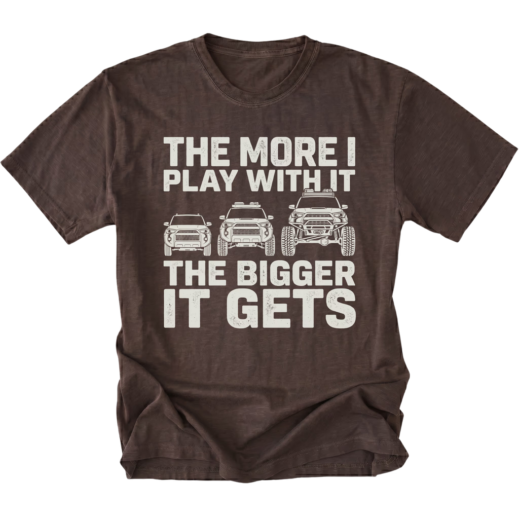 Espresso T-Shirt featuring The More I Play With It The Bigger It Gets design with three progressively modified Toyota 4Runner style SUVs on the front view by Trail Snark.