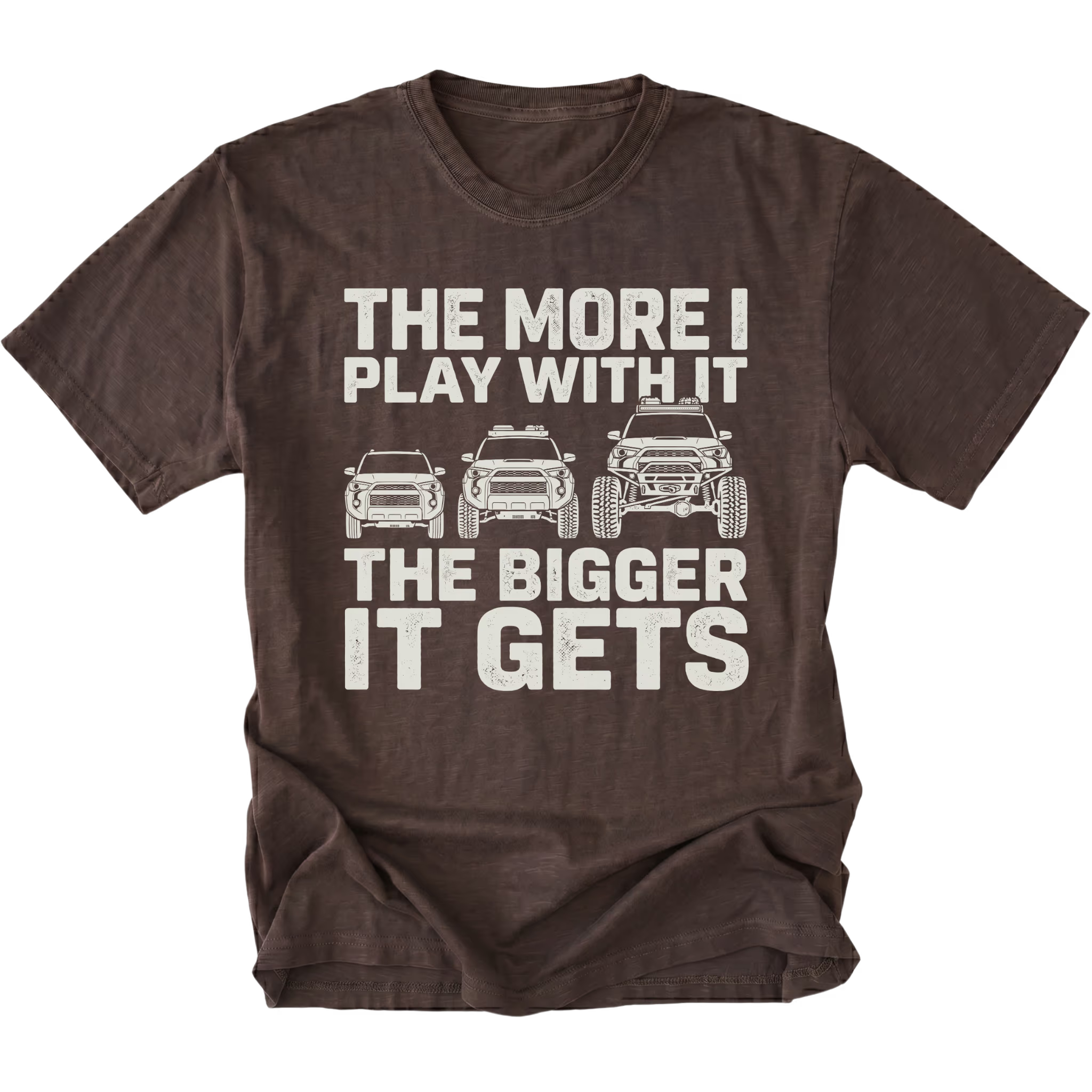 Espresso T-Shirt featuring The More I Play With It The Bigger It Gets design with three progressively modified Toyota 4Runner style SUVs on the front view by Trail Snark.