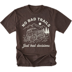Espresso t-shirt featuring an off-road SUV climbing rocks with text reading No Bad Trails Just Bad Decisions, front view by Trail Snark.