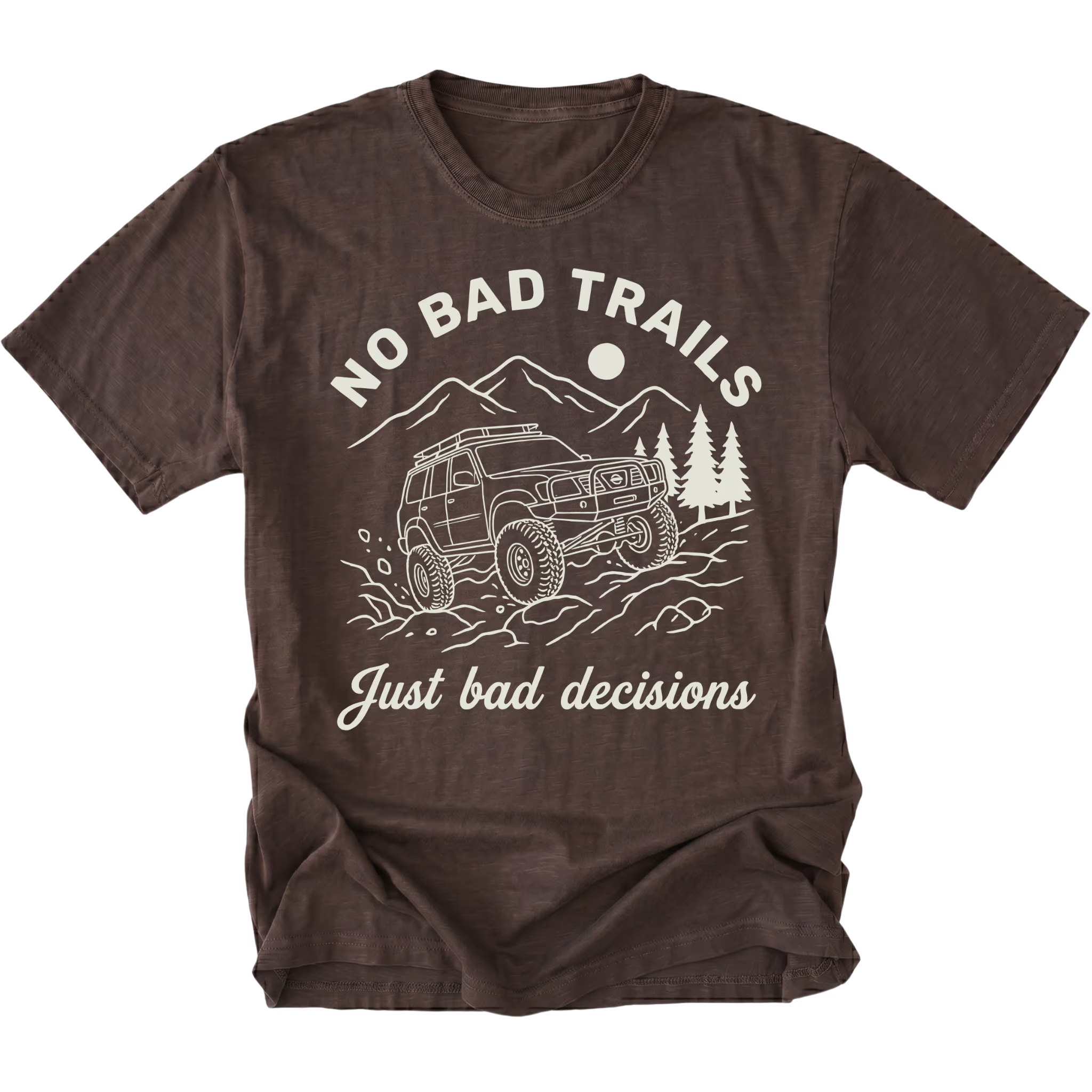 Espresso t-shirt featuring an off-road SUV climbing rocks with text reading No Bad Trails Just Bad Decisions, front view by Trail Snark.