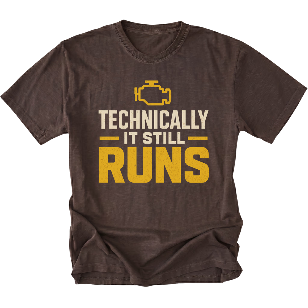 Espresso T-Shirt featuring the Technically It Still Runs design on the front by Trail Snark.
