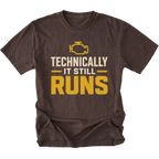 Espresso T-Shirt featuring the Technically It Still Runs design on the front by Trail Snark.