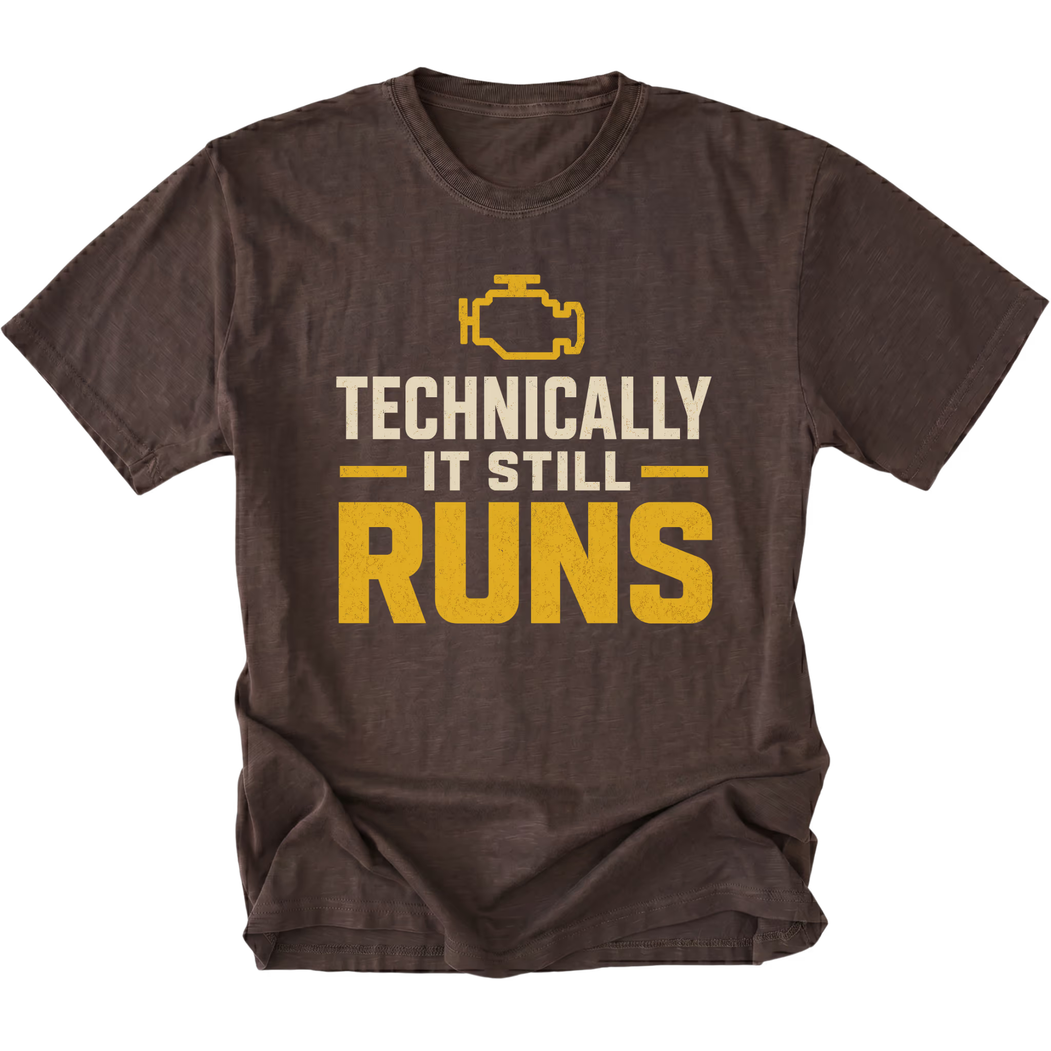 Espresso T-Shirt featuring the Technically It Still Runs design on the front by Trail Snark.