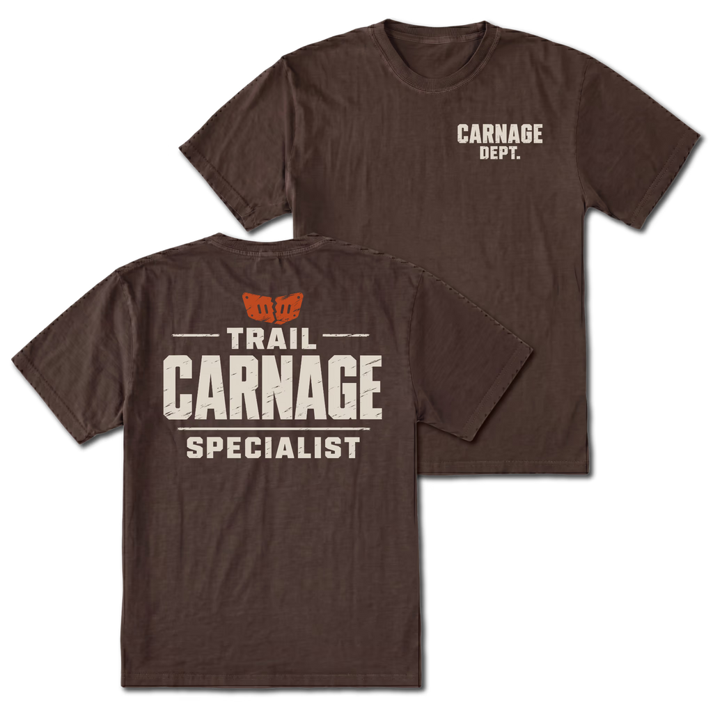 Espresso T-shirt with Carnage Dept. on the front and the Trail Carnage Specialist design on the back by Trail Snark.