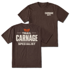 Espresso T-shirt with Carnage Dept. on the front and the Trail Carnage Specialist design on the back by Trail Snark.