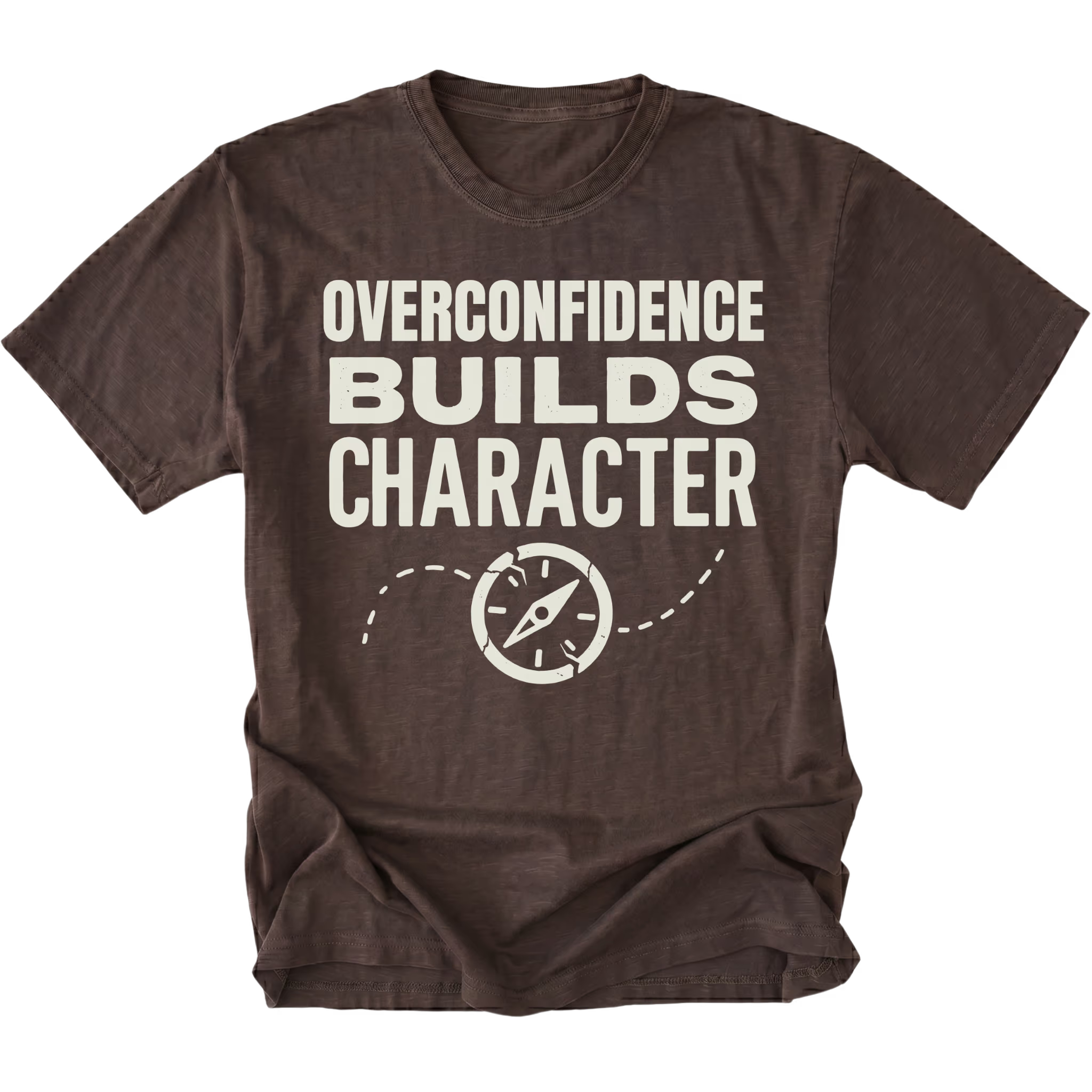 Espresso T-Shirt with “Overconfidence Builds Character” text and compass graphic shown on front view by Trail Snark.