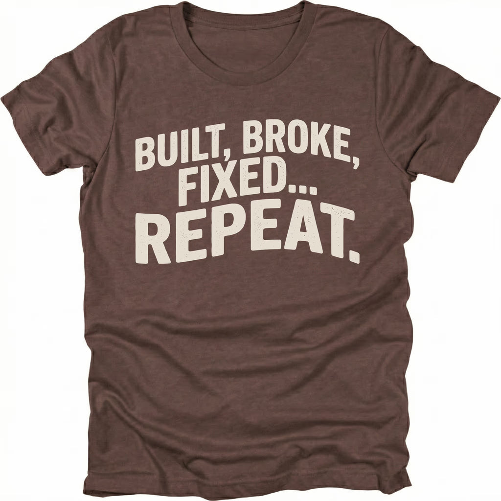 Espresso t-shirt featuring built broke fixed repeat bold text graphic shown from the front by Trail Snark.