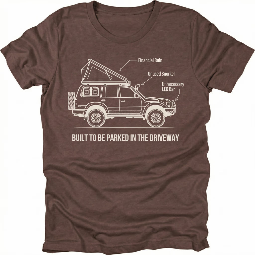 Espresso t-shirt featuring built to be parked in the driveway vehicle diagram graphic shown from the front by Trail Snark.