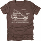Espresso t-shirt featuring built to be parked in the driveway vehicle diagram graphic shown from the front by Trail Snark.