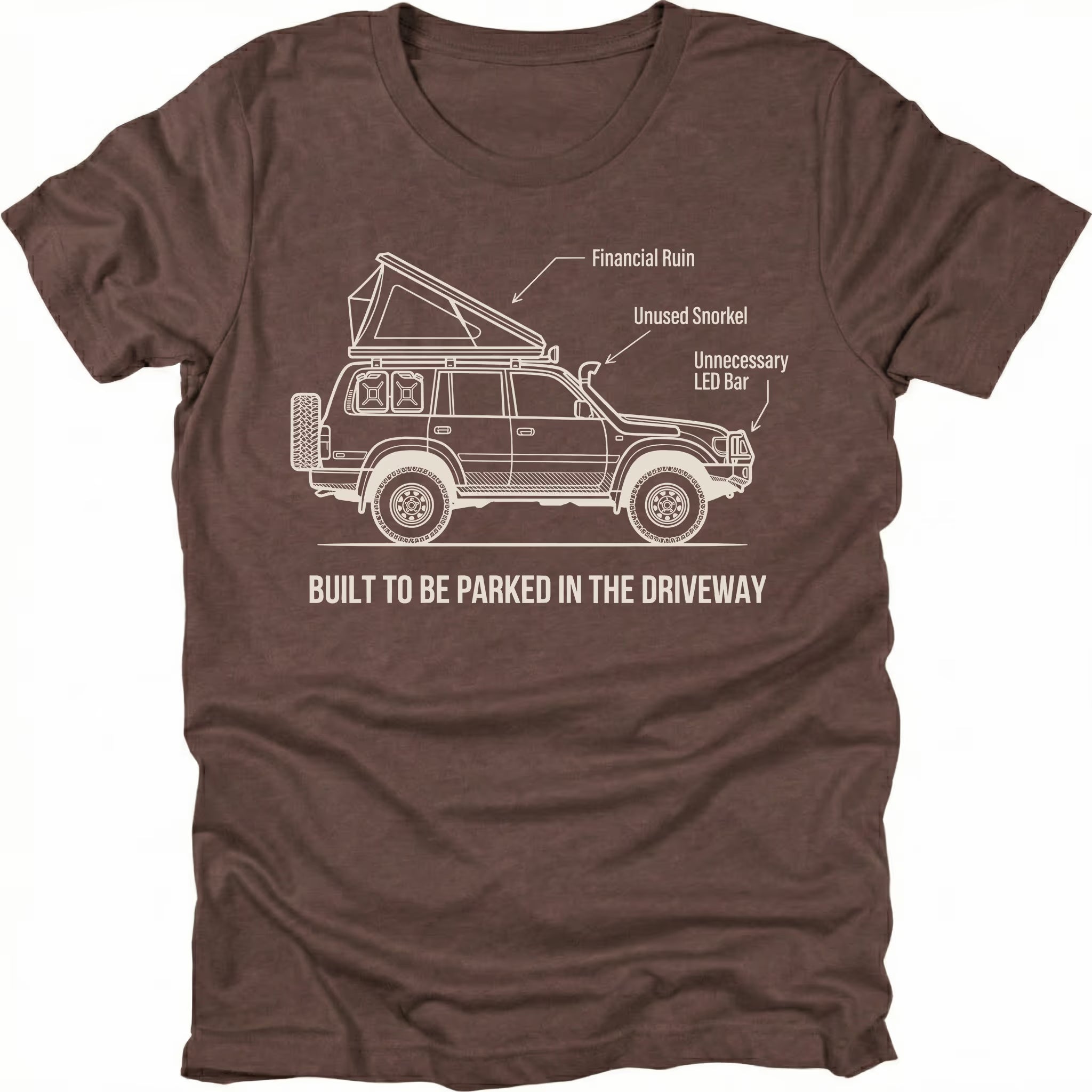 Espresso t-shirt featuring built to be parked in the driveway vehicle diagram graphic shown from the front by Trail Snark.