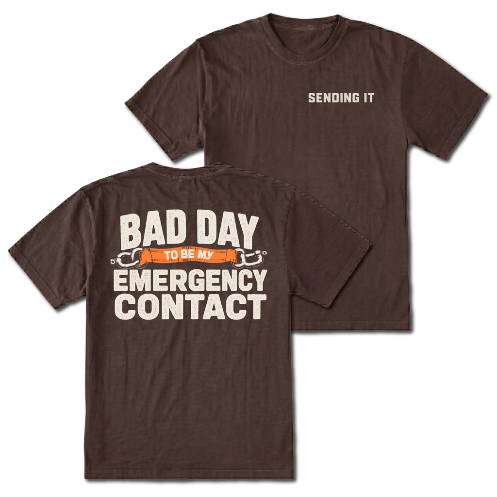 Espresso t-shirt featuring the Emergency Contact design on the back and Sending It on the front by Trail Snark.