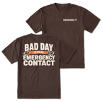 Espresso t-shirt featuring the Emergency Contact design on the back and Sending It on the front by Trail Snark.