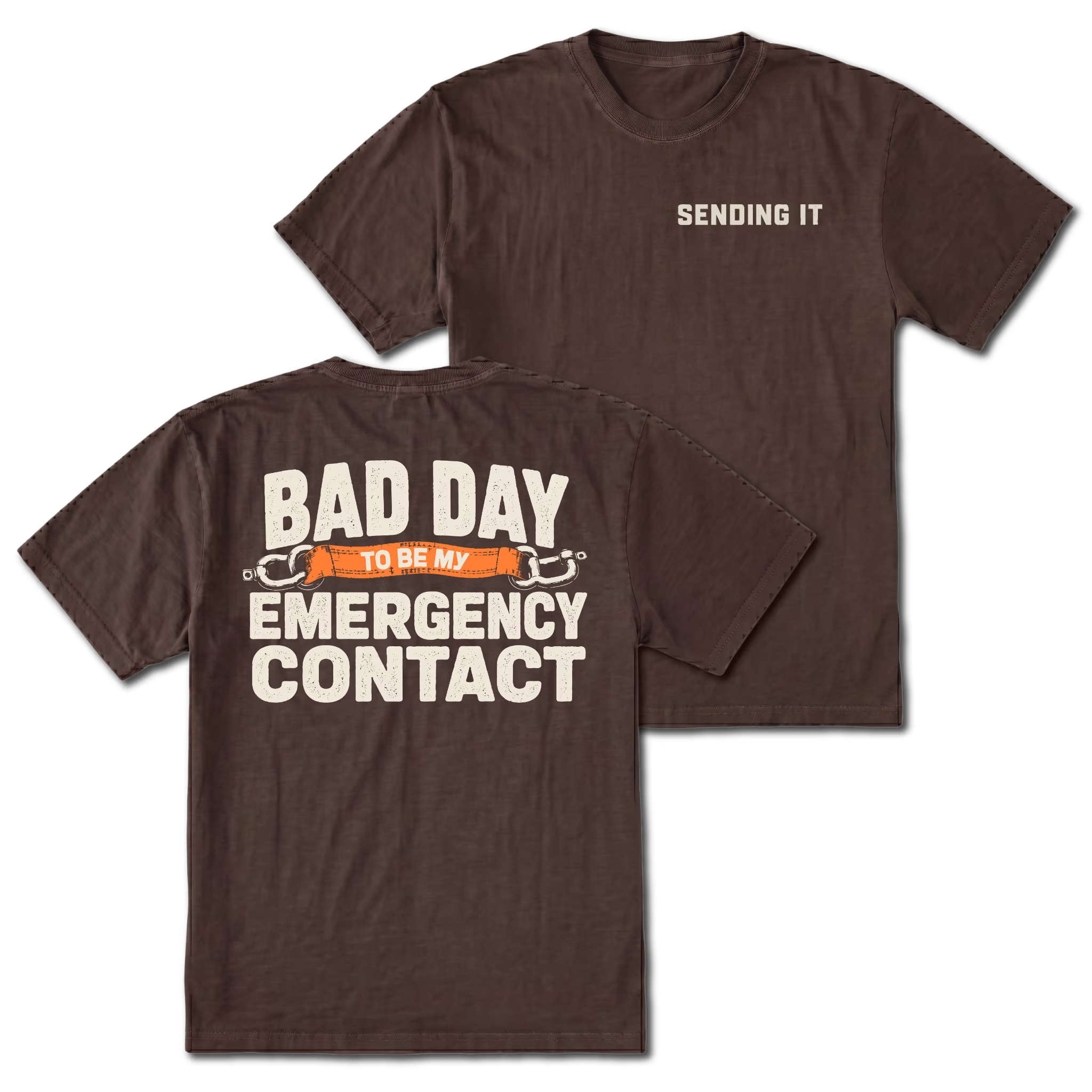 Espresso t-shirt featuring the Emergency Contact design on the back and Sending It on the front by Trail Snark.