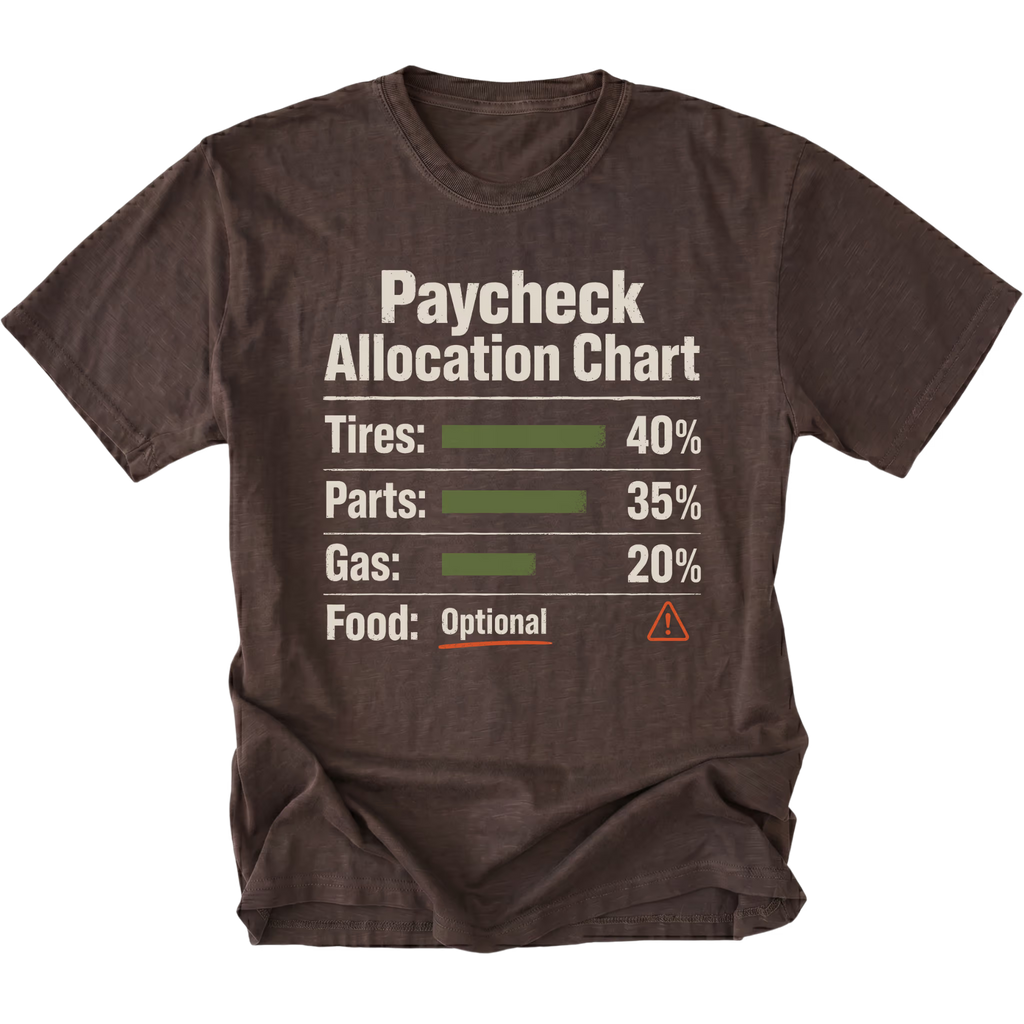 Espresso T-shirt with a Paycheck Allocation Chart design shown from the front by Trail Snark.
