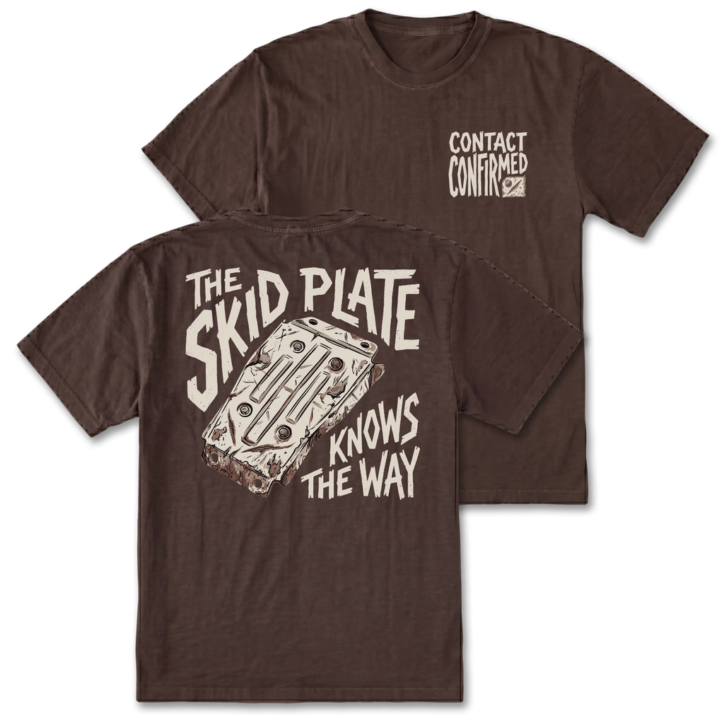 A dark brown short-sleeve t-shirt shown from both the front and back. The front features a small white graphic on the left chest reading 'CONTACT CONFIRMED' with a small logo.